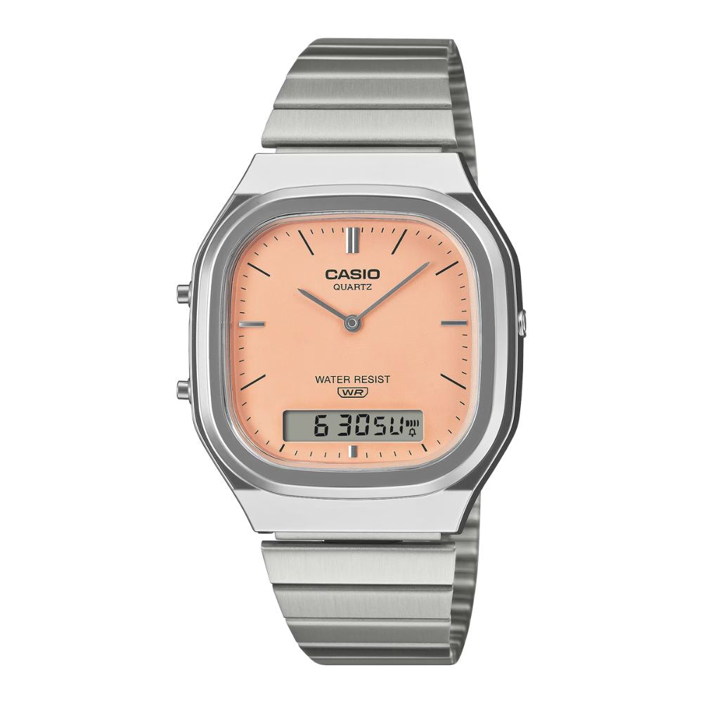 Casio Analog-Digital Vintage Style Square Dial Dual Time Stainless Steel Band Watch AQ240E-4A AQ-240E-4A