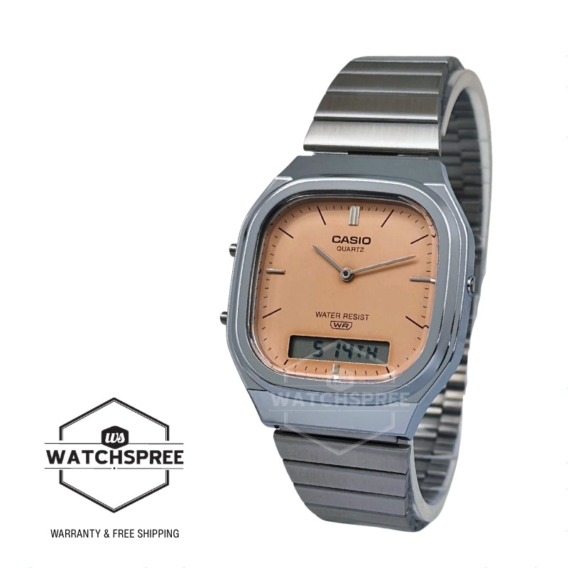 Casio Analog-Digital Vintage Style Square Dial Dual Time Stainless Steel Band Watch AQ240E-4A AQ-240E-4A