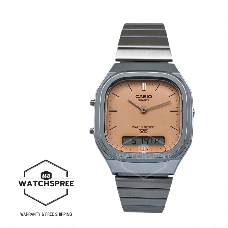 Casio Analog-Digital Vintage Style Square Dial Dual Time Stainless Steel Band Watch AQ240E-4A AQ-240E-4A