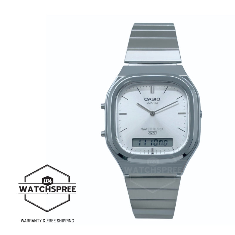 Casio Analog-Digital Vintage Style Square Dial Dual Time Stainless Steel Band Watch AQ240E-7A AQ-240E-7A