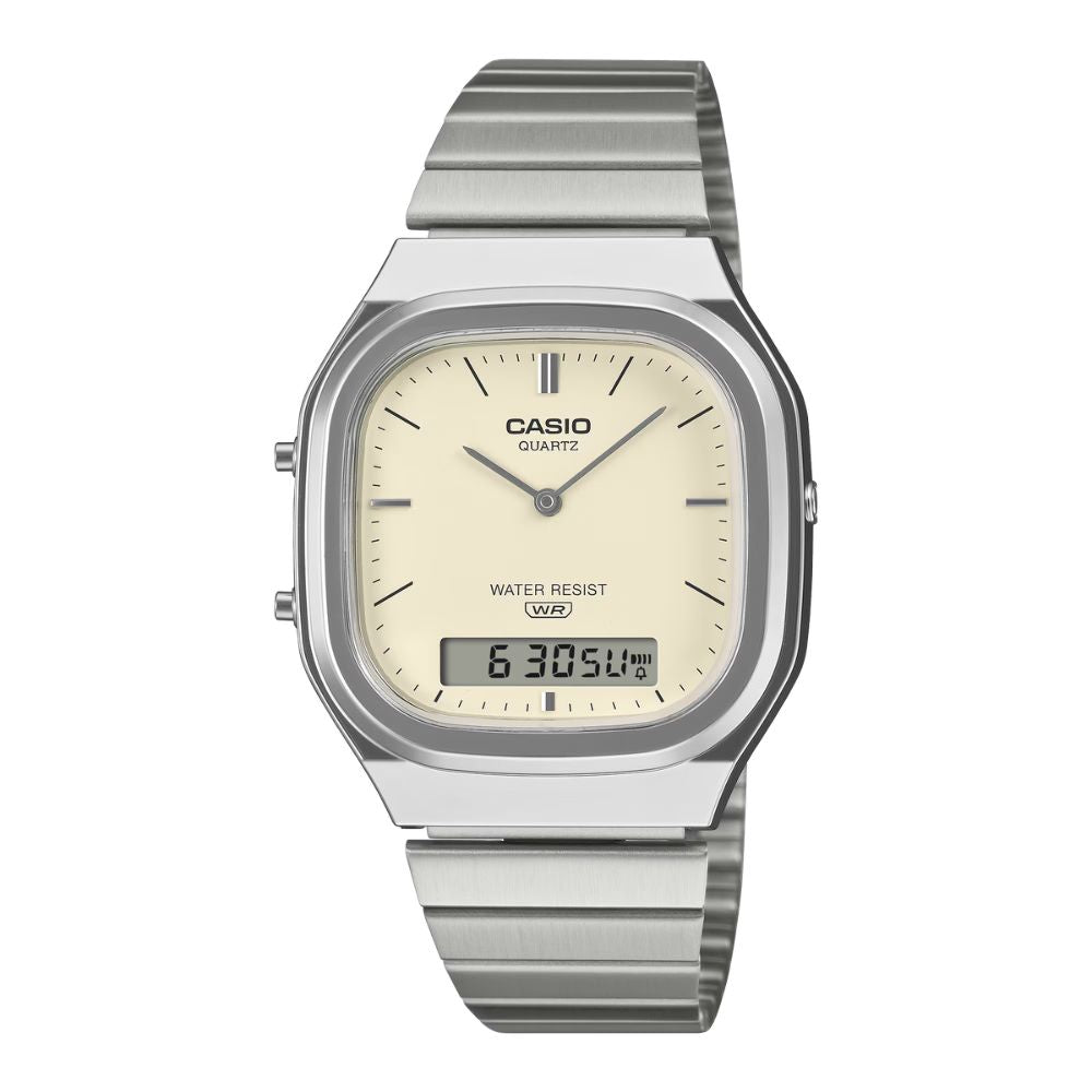 Casio Analog-Digital Vintage Style Square Dial Dual Time Stainless Steel Band Watch AQ240E-7A2 AQ-240E-7A2