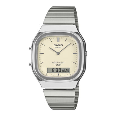Casio Analog-Digital Vintage Style Square Dial Dual Time Stainless Steel Band Watch AQ240E-7A2 AQ-240E-7A2