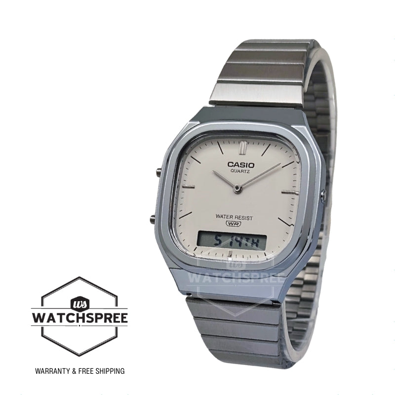 Casio Analog-Digital Vintage Style Square Dial Dual Time Stainless Steel Band Watch AQ240E-7A2 AQ-240E-7A2