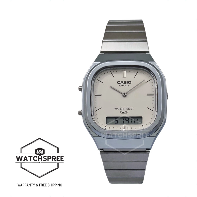 Casio Analog-Digital Vintage Style Square Dial Dual Time Stainless Steel Band Watch AQ240E-7A2 AQ-240E-7A2