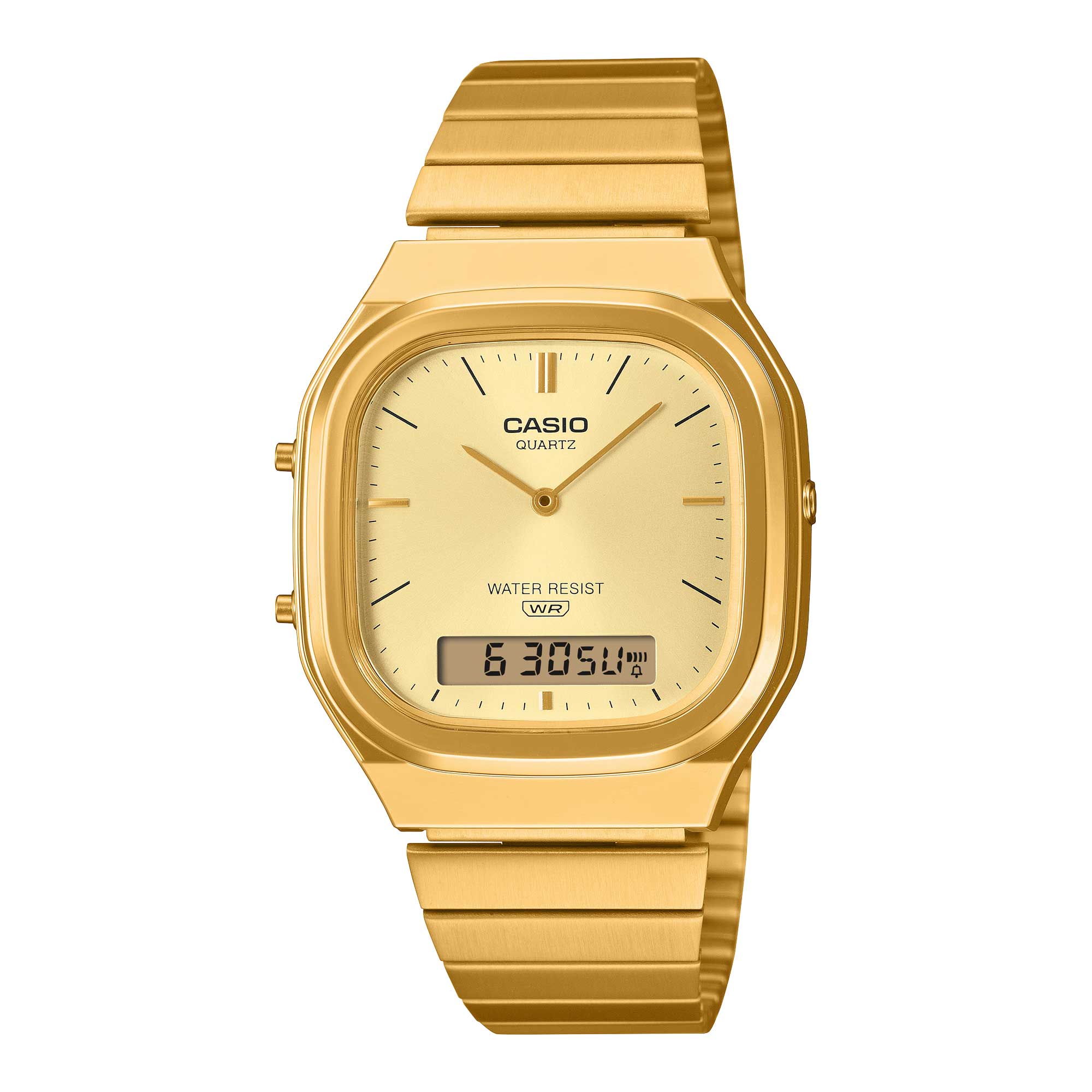 Casio Analog-Digital Vintage Style Square Dial Dual Time Gold Tone Stainless Steel Band Watch AQ240EG-9A AQ-240EG-9A