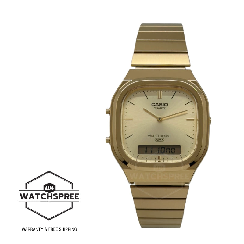 Casio Analog-Digital Vintage Style Square Dial Dual Time Gold Tone Stainless Steel Band Watch AQ240EG-9A AQ-240EG-9A