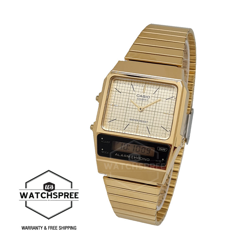 Casio Vintage Style Analog-Digital Dual Time Gold Ion Plated Stainless Steel Band Watch AQ800EG-9A AQ-800EG-9A