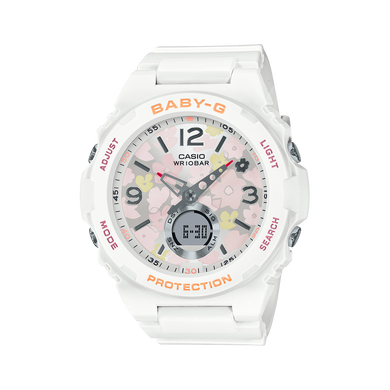 Casio Baby-G Standard Analog-Digital with Floral Dial White Resin Band Watch BGA260FL-7A BGA-260FL-7A