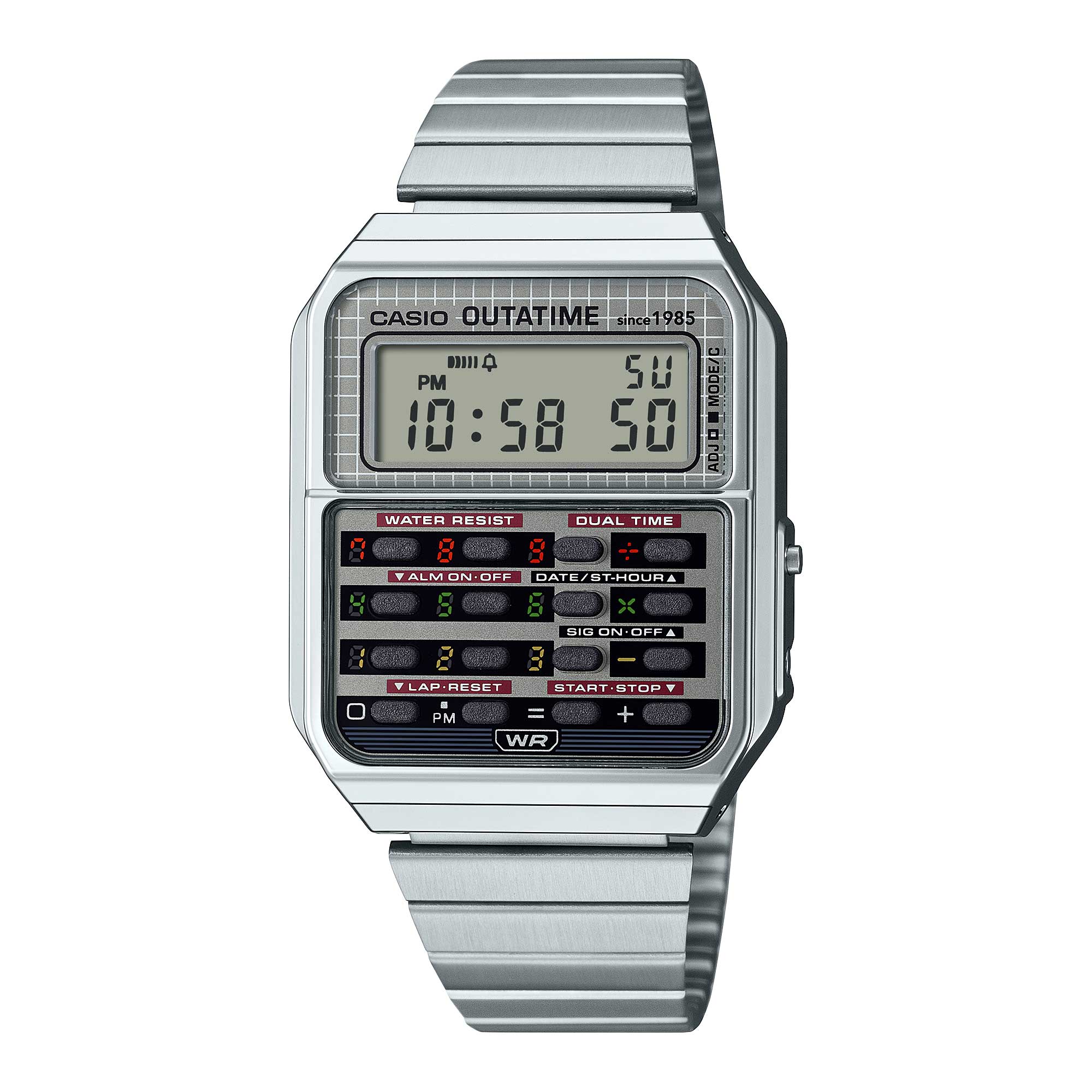 Casio Digital Back to the Future Collaboration Model Dual Time Calculator Stainless Steel Band Watch CA500WEBF-1A CA-500WEBF-1A