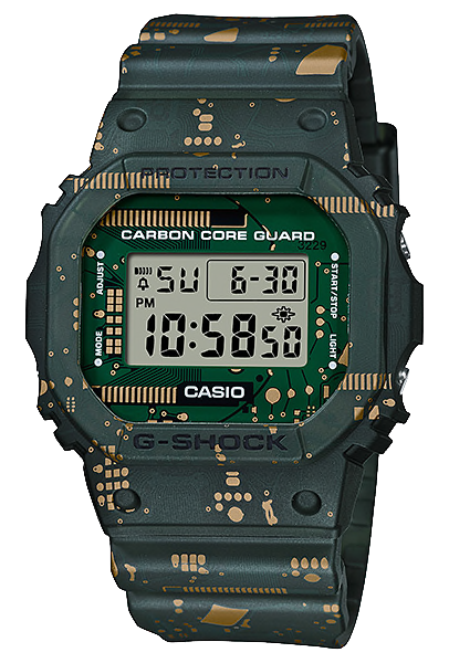 Casio G-Shock 5600 Carbon Core Guard Structure Lineup Circuit Board Print Matte Semitransparent Dark Green Resin Band Watch DWE5600CC-3D DWE-5600CC-3D DWE-5600CC-3