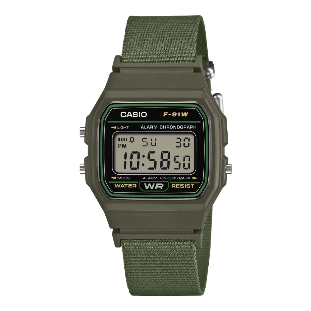 Casio Digital Green Cloth Band Watch F91WF-3A F-91WF-3A