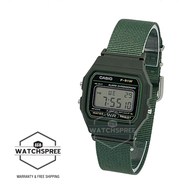 Casio Digital Green Cloth Band Watch F91WF-3A F-91WF-3A