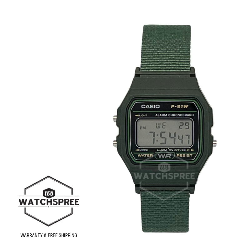 Casio Digital Green Cloth Band Watch F91WF-3A F-91WF-3A
