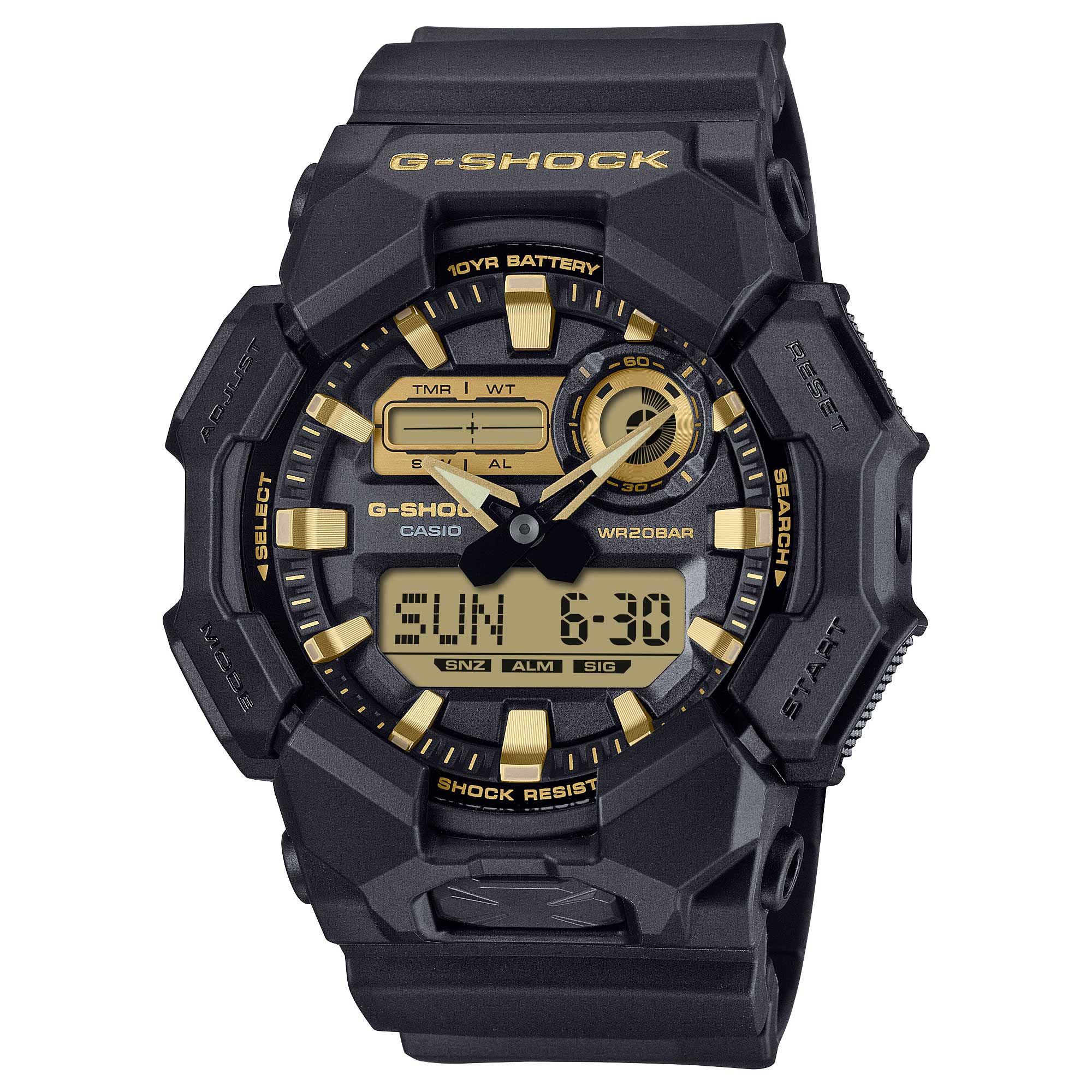 Casio G-Shock GA-010 Lineup Carbon Core Guard Structure Gold and Black Series Bio-Based Black Resin Band Watch GA010GB-1A9 GA-010GB-1A9