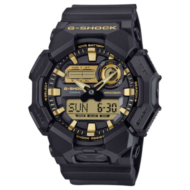Casio G-Shock GA-010 Lineup Carbon Core Guard Structure Gold and Black Series Bio-Based Black Resin Band Watch GA010GB-1A9 GA-010GB-1A9