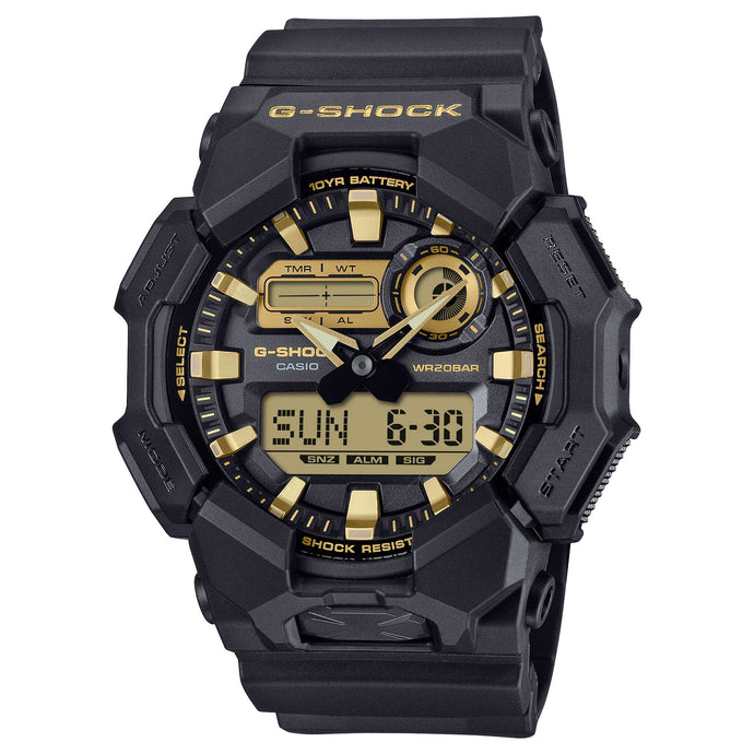 Casio G-Shock GA-010 Lineup Carbon Core Guard Structure Gold and Black Series Bio-Based Black Resin Band Watch GA010GB-1A9 GA-010GB-1A9