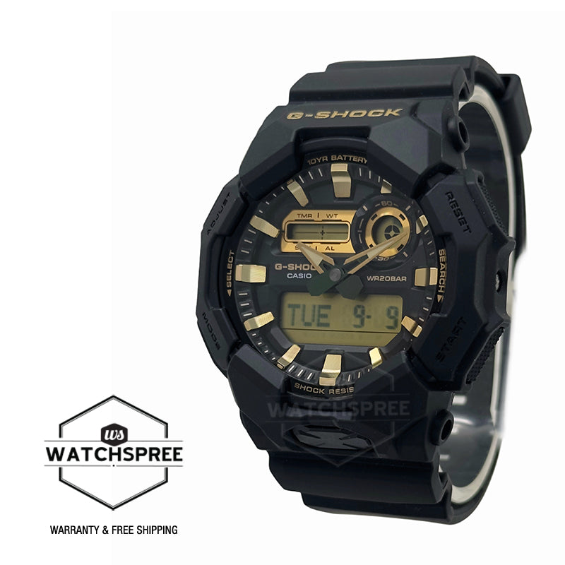 Casio G-Shock GA-010 Lineup Carbon Core Guard Structure Gold and Black Series Bio-Based Black Resin Band Watch GA010GB-1A9 GA-010GB-1A9