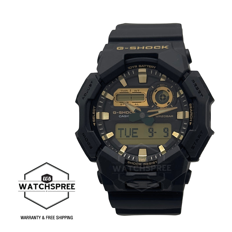 Casio G-Shock GA-010 Lineup Carbon Core Guard Structure Gold and Black Series Bio-Based Black Resin Band Watch GA010GB-1A9 GA-010GB-1A9