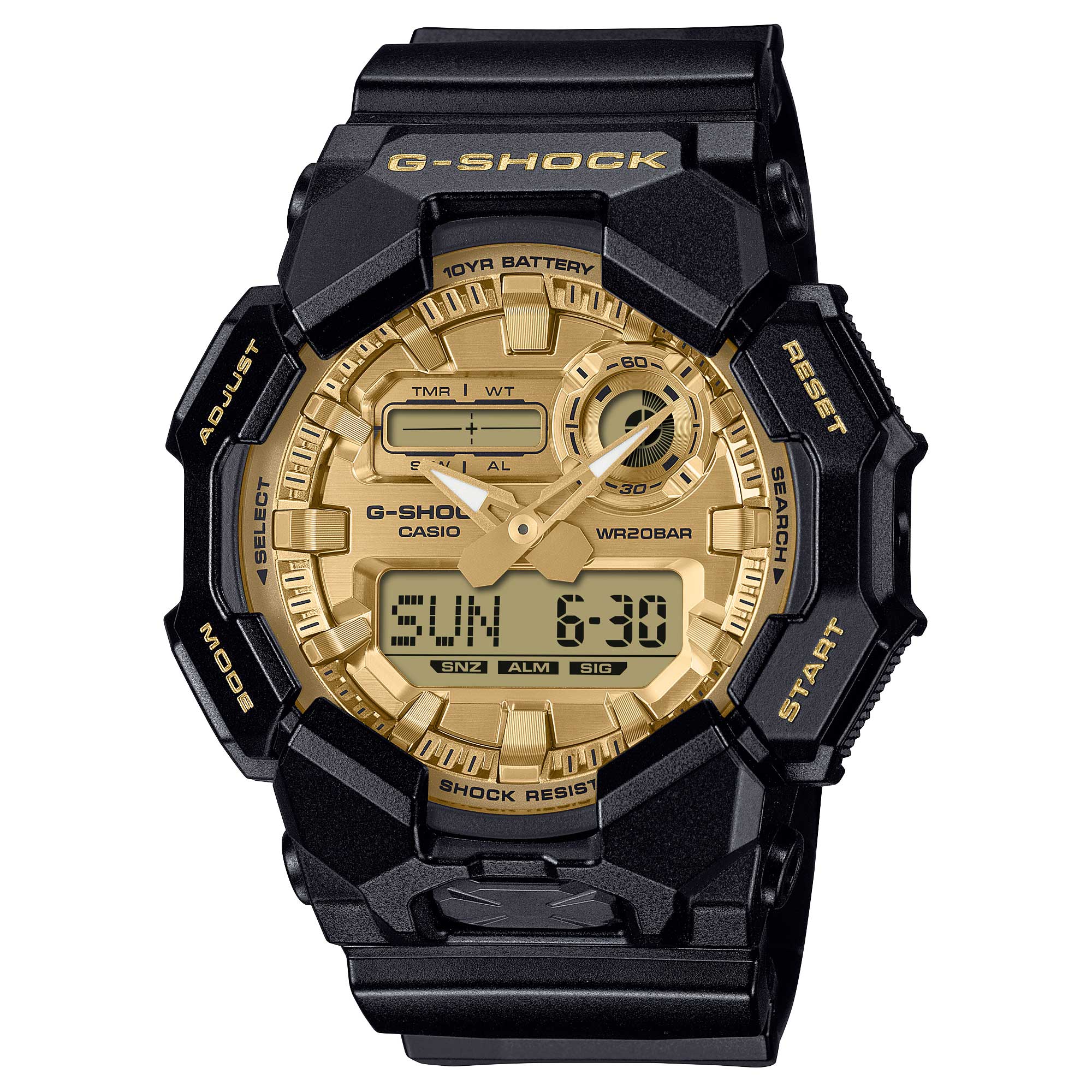 Casio G-Shock GA-010 Lineup Carbon Core Guard Structure Gold and Black Series Bio-Based Black Resin Band Watch GA010GGB-1A9 GA-010GGB-1A9