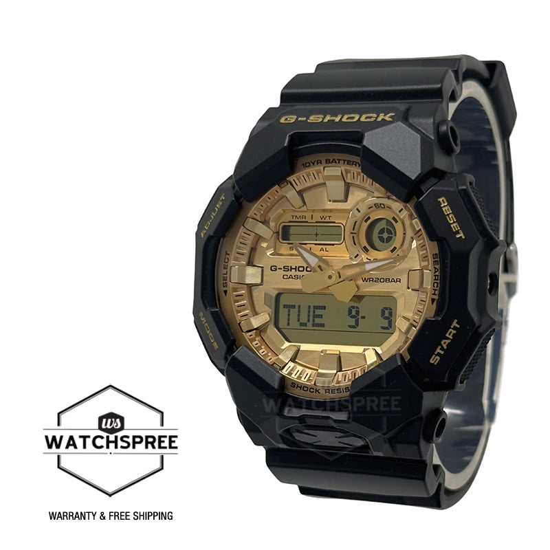 Casio G-Shock GA-010 Lineup Carbon Core Guard Structure Gold and Black Series Bio-Based Black Resin Band Watch GA010GGB-1A9 GA-010GGB-1A9