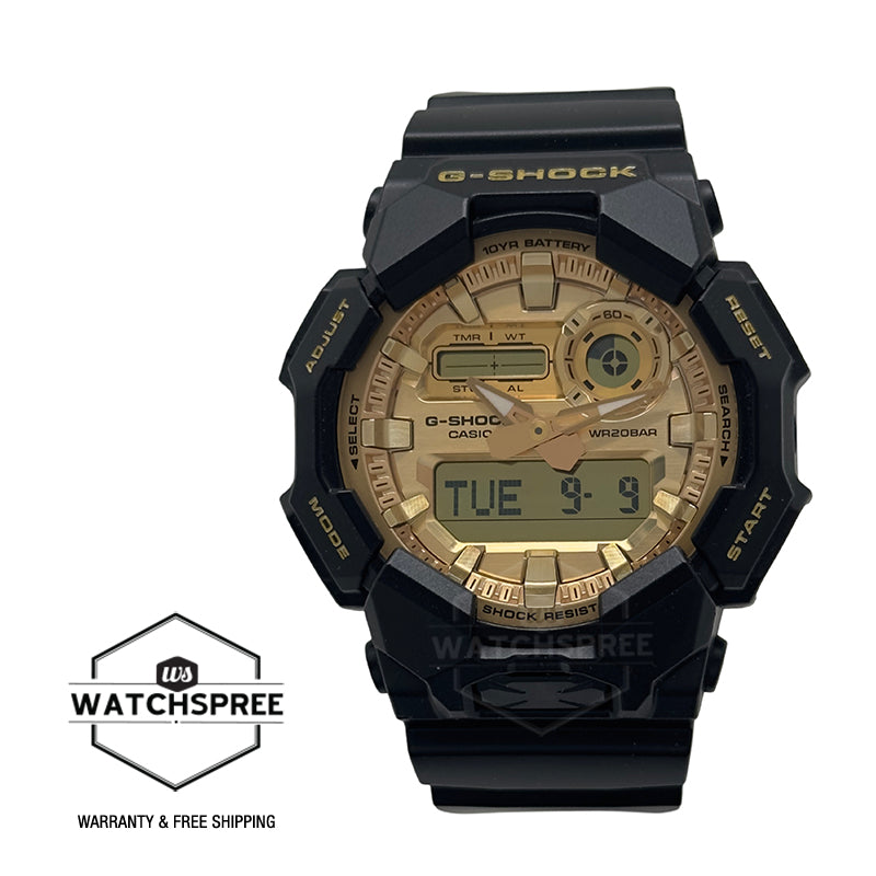 Casio G-Shock GA-010 Lineup Carbon Core Guard Structure Gold and Black Series Bio-Based Black Resin Band Watch GA010GGB-1A9 GA-010GGB-1A9