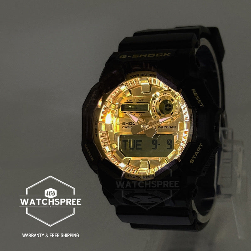 Casio G-Shock GA-010 Lineup Carbon Core Guard Structure Gold and Black Series Bio-Based Black Resin Band Watch GA010GGB-1A9 GA-010GGB-1A9