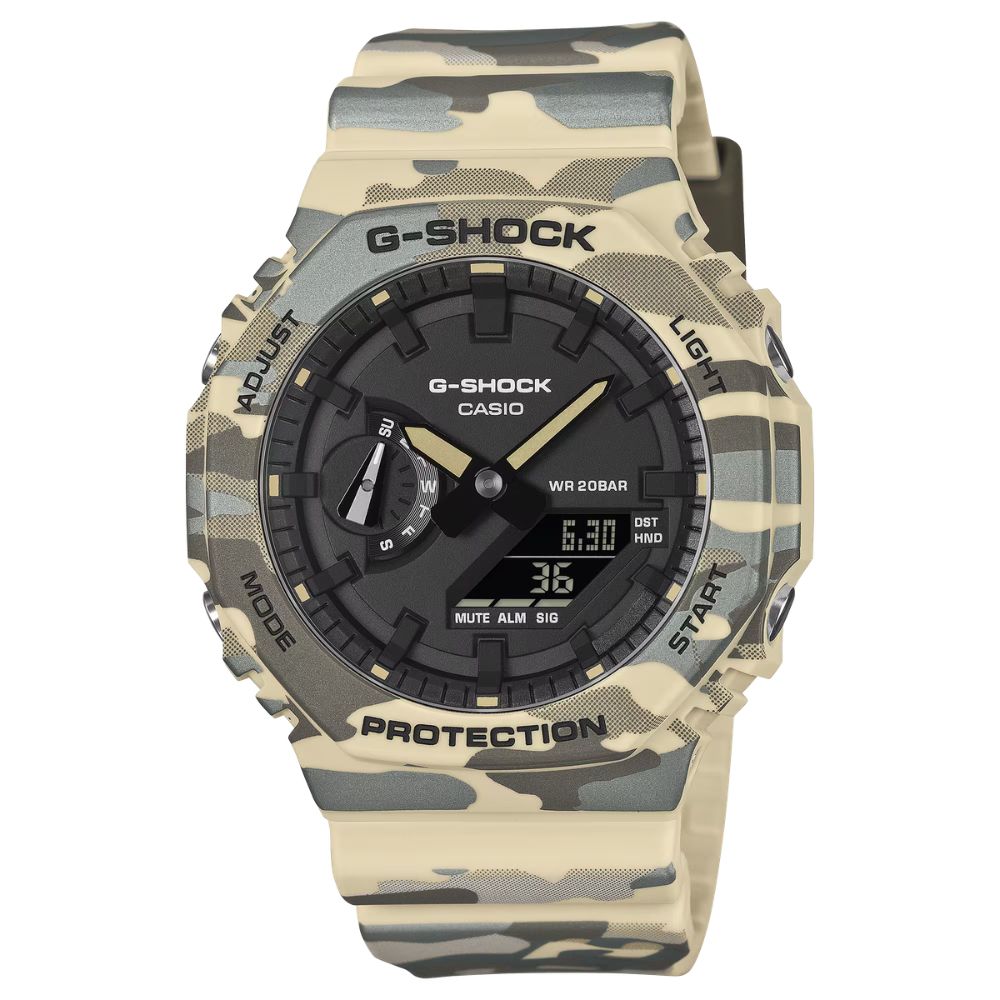 Casio G-Shock GA-2100 Lineup Carbon Core Guard Structure Camouflage Series Bio-Based Camouflage Beige Resin Band Watch GA2100CM-5A GA-2100CM-5A
