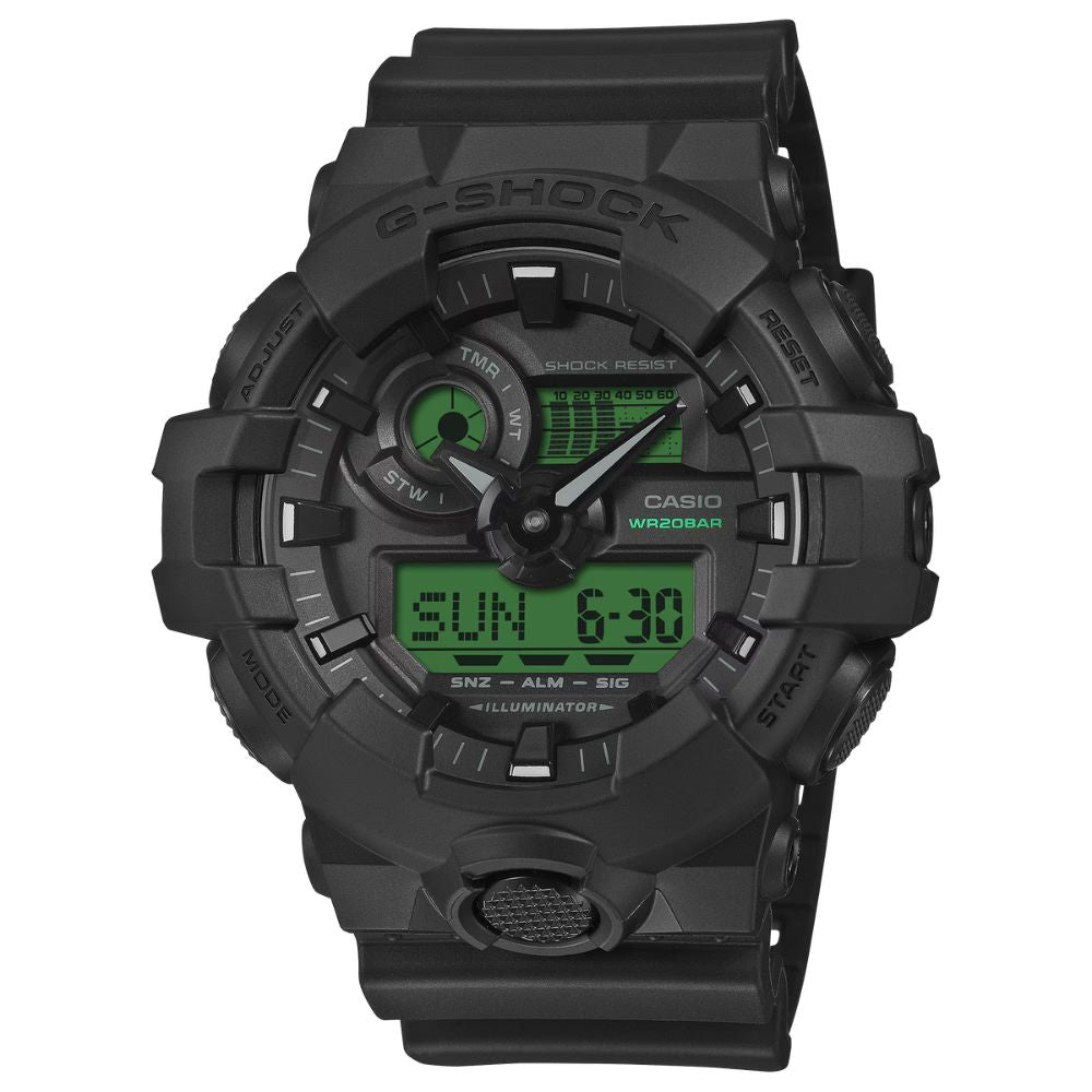 Casio G-Shock GA-700 Lineup Black And Electro Green Series Black Resin Band Watch GA700BEG-1A GA-700BEG-1A