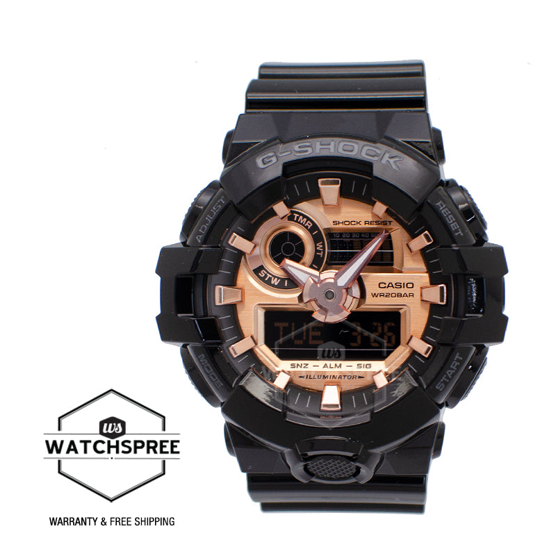 Casio G-Shock Metallic Accent Color Rose Gold Series Glossy Black Resin Band Watch GA700MMC-1A GA-700MMC-1A