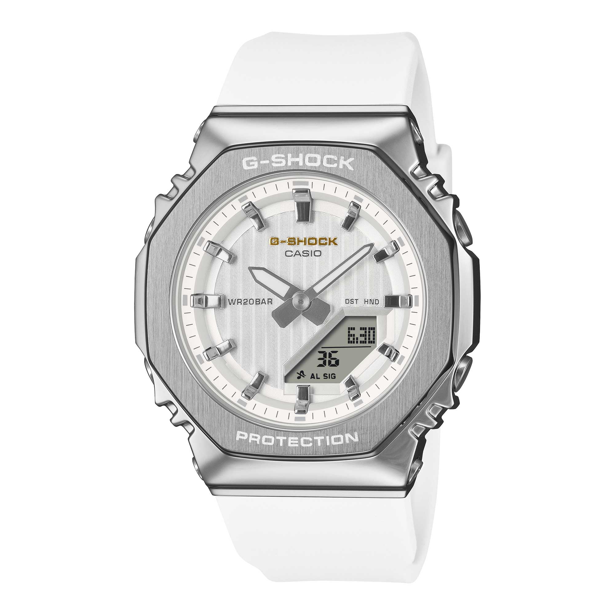 Casio G-Shock for Ladies' Precious Heart Seasonal Collection 2025 Octagonal Metal-Clad Bio-Based White Resin Band Watch GMS2110SH-7A GM-S2110SH-7A