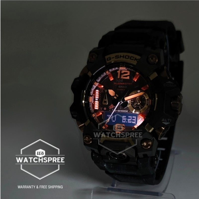 Casio G-Shock MASTER OF G - LAND MUDMASTER Magma Gold Model Bluetooth Multi Band 6 Triple Sensor Tough Solar Bio-Based Black Resin Band Watch GWGB1000MG-1A9 GWG-B1000MG-1A9