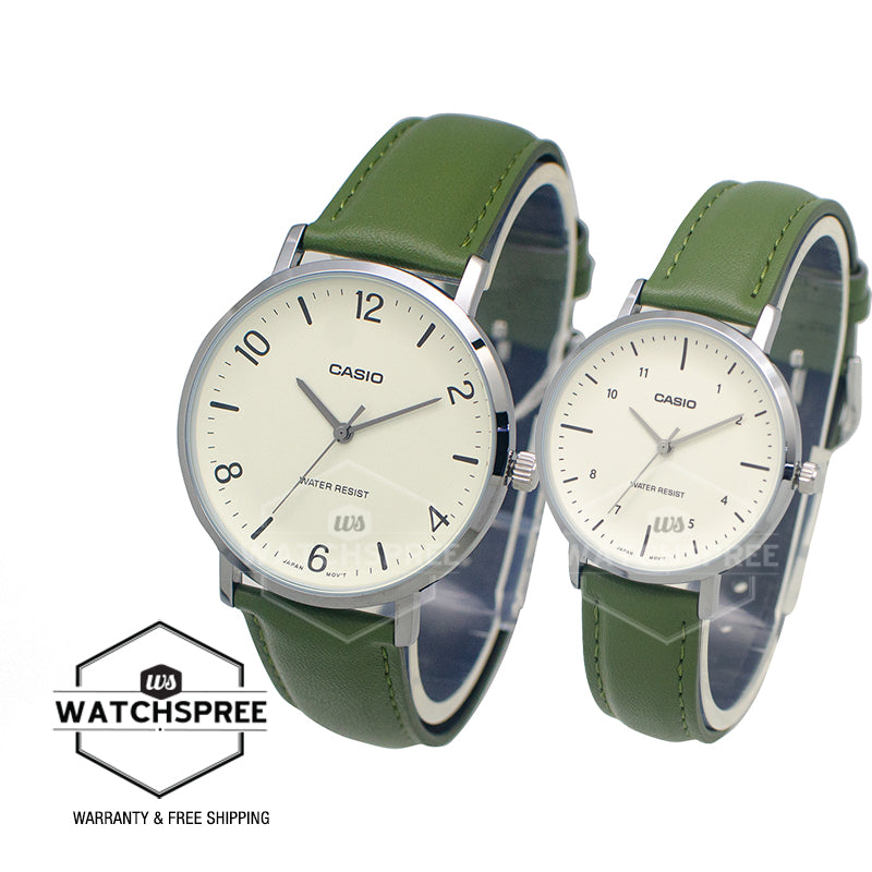 Casio Couple Green Leather Strap Watch LTP-VT03L-3B MTP-VT03L-7B [Couple Watch Set]