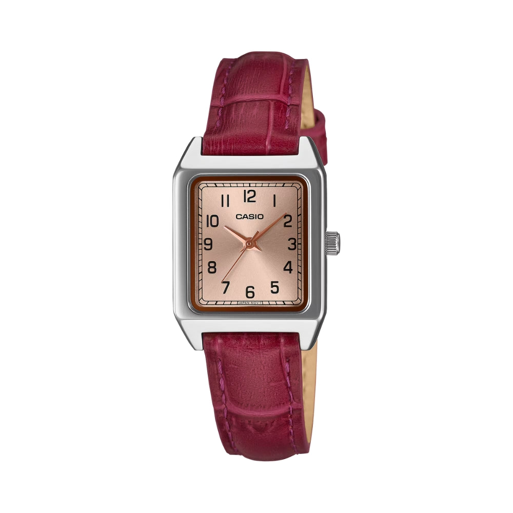 Casio Ladies' Analog Square Dial Red Leather Strap Watch LTPB150LA-4B2 LTP-B150LA-4B2