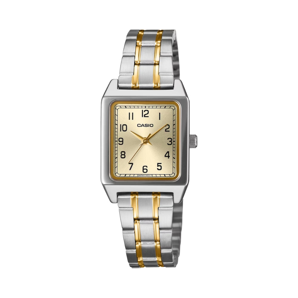 Casio Ladies' Analog Square Dial Two-Tone Stainless Steel Band Watch LTPB150SG-9B LTP-B150SG-9B