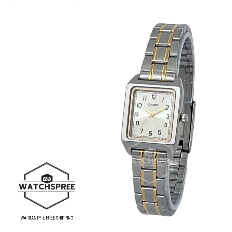 Casio Ladies' Analog Square Dial Two-Tone Stainless Steel Band Watch LTPB150SG-9B LTP-B150SG-9B