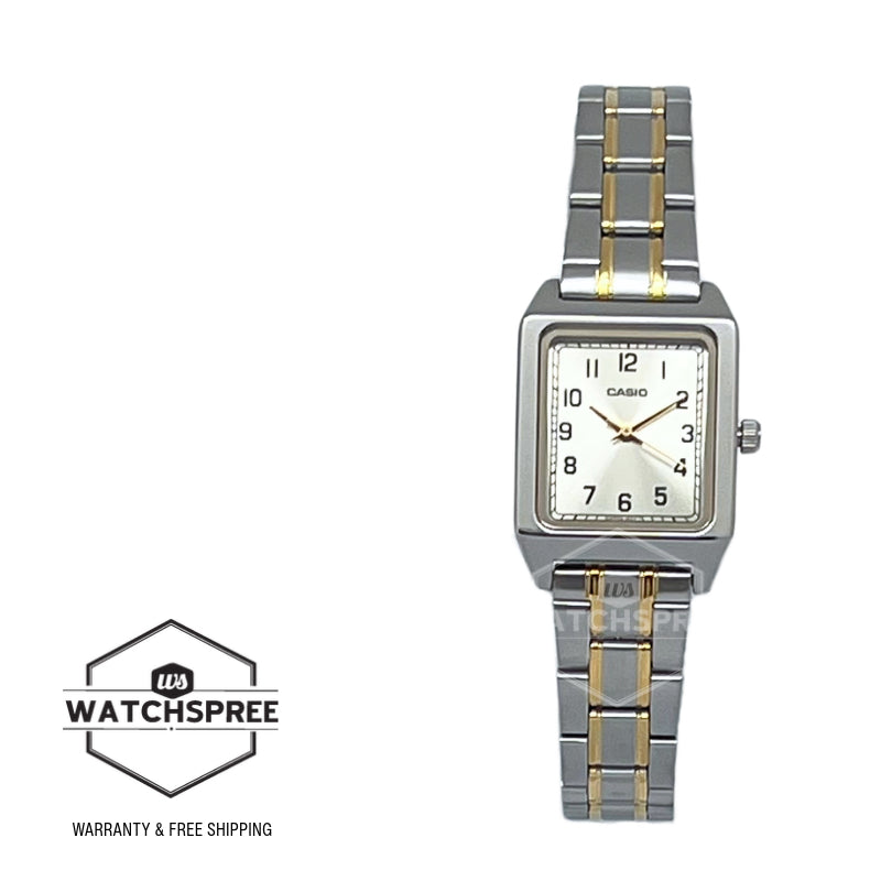 Casio Ladies' Analog Square Dial Two-Tone Stainless Steel Band Watch LTPB150SG-9B LTP-B150SG-9B