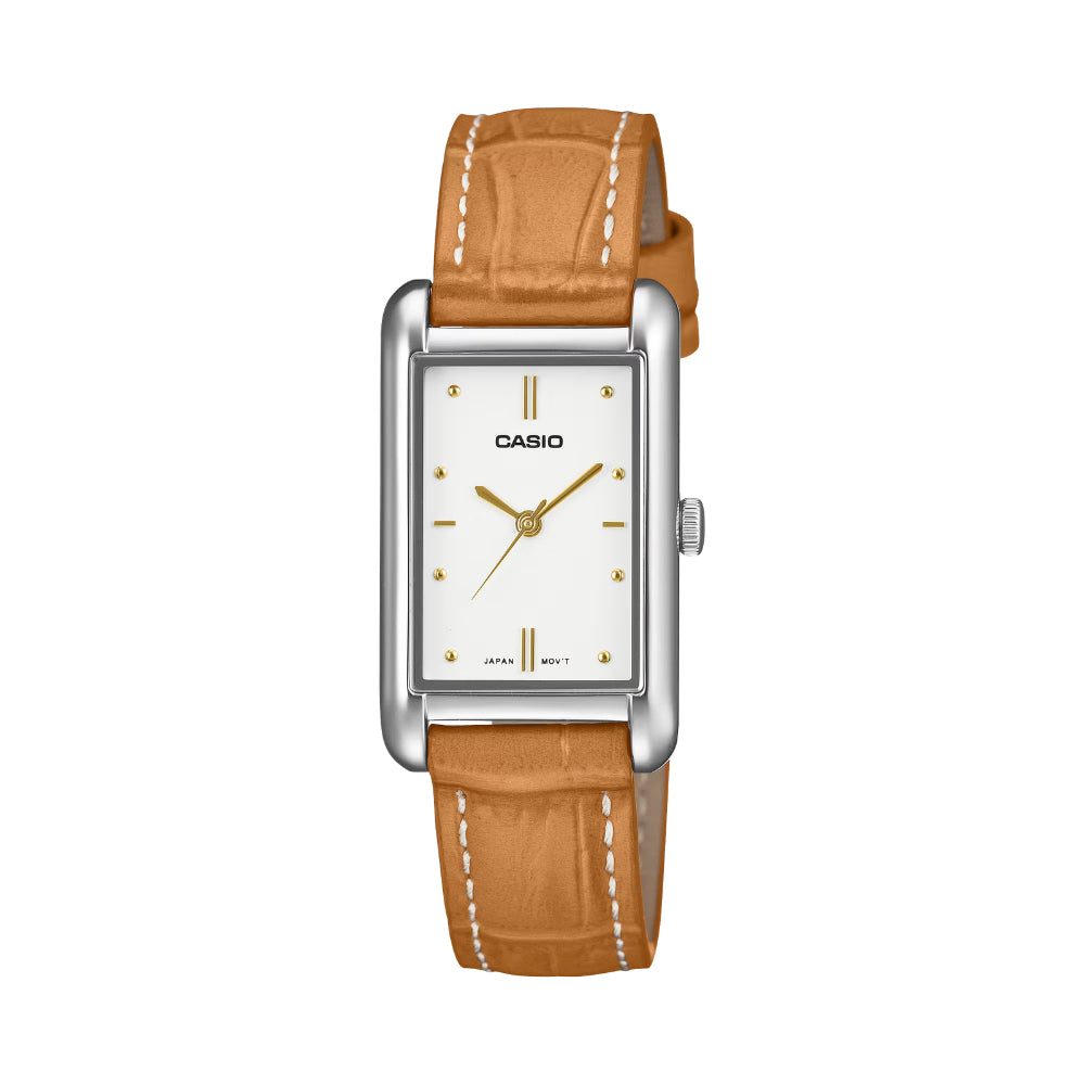 Casio Ladies' Analog Rectangular Dial Brown Leather Strap Watch LTPB171L-7A2 LTP-B171L-7A2