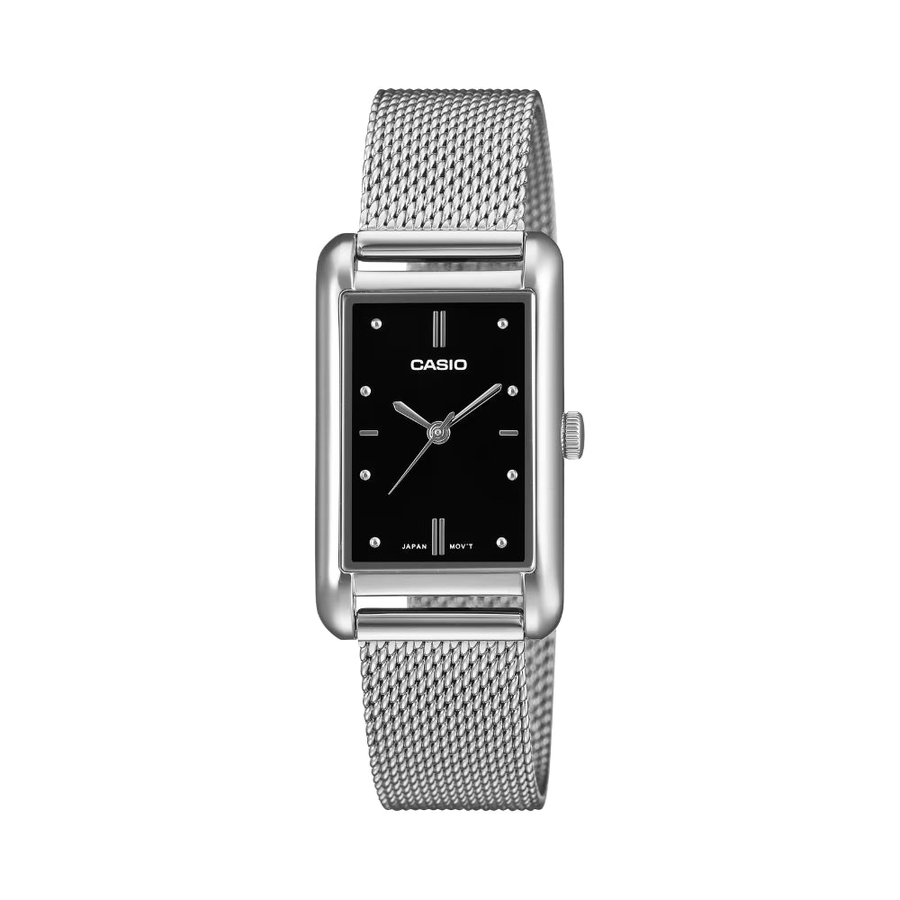 Casio Ladies' Analog Rectangular Dial Stainless Steel Mesh Band Watch LTPB171M-1A LTP-B171M-1A