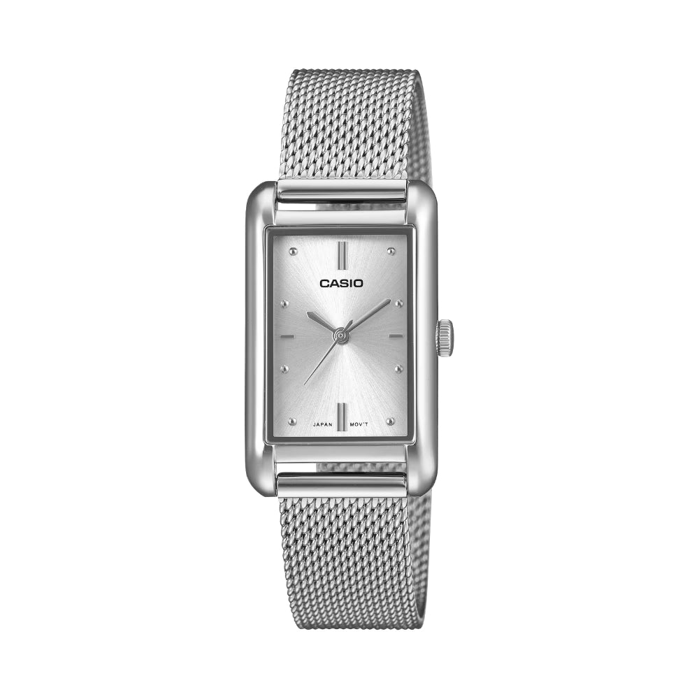 Casio Ladies' Analog Rectangular Dial Stainless Steel Mesh Band Watch LTPB171M-7A LTP-B171M-7A