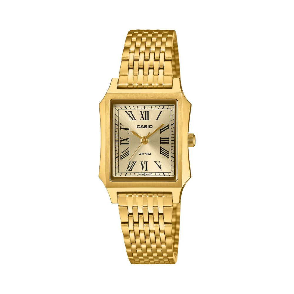 Casio Ladies' Analog Square Dial Gold Ion Plated Stainless Steel Band Watch LTPB190G-9B LTP-B190G-9B