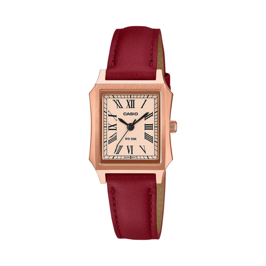 Casio Ladies' Analog Square Dial Red Leather Strap Watch LTPB190RGL-4B LTP-B190RGL-4B