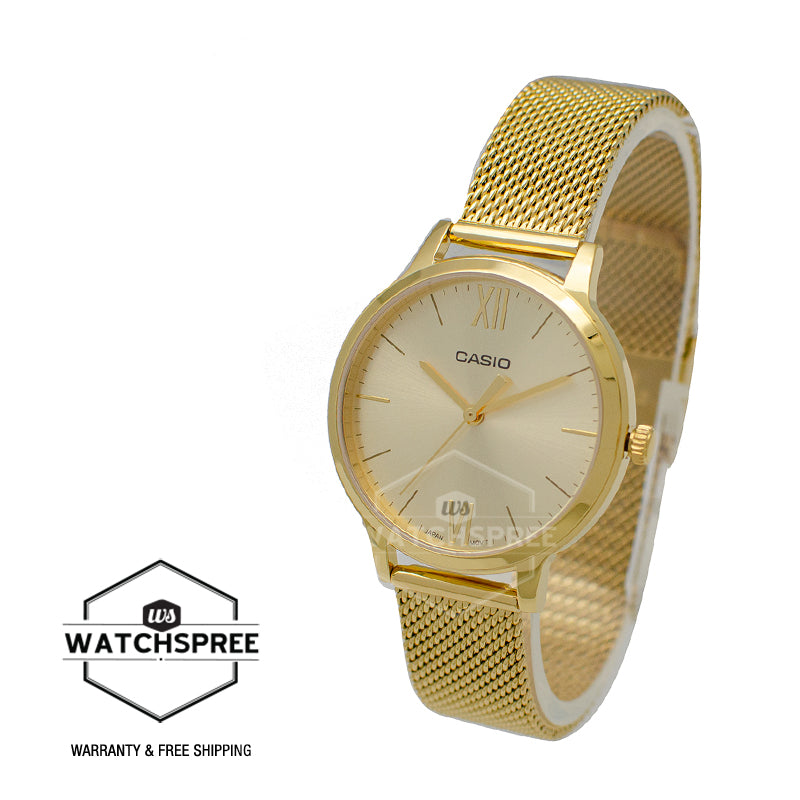 Casio Ladies' Analog Gold Ion Plated Stainless Steel Mesh Band Watch LTPE157MG-9A LTP-E157MG-9A