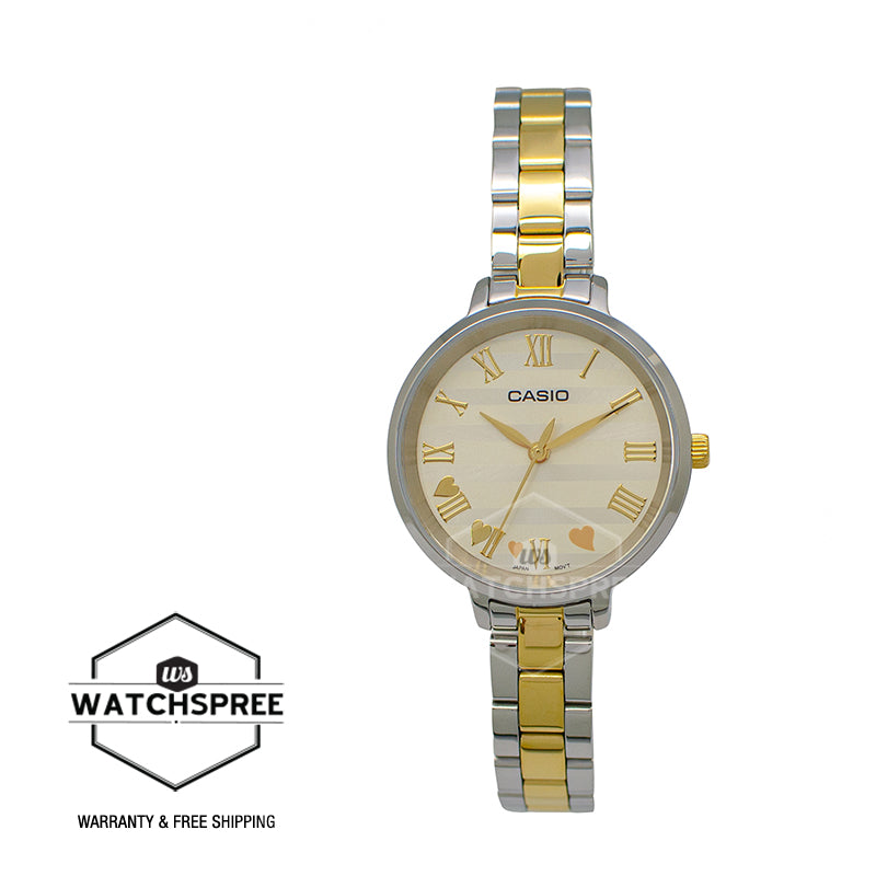 Casio Ladies' Analog Two Tone Gold Ion Plated Stainless Steel Band Watch LTPE160SG-9A LTP-E160SG-9A