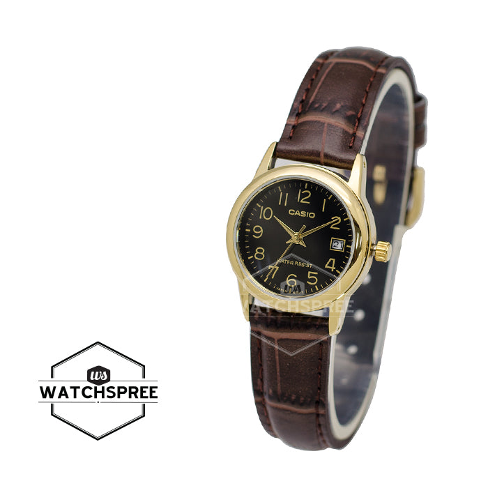 Casio Ladies' Standard Analog Dark Brown Leather Strap Watch LTPV002GL-1B LTP-V002GL-1B