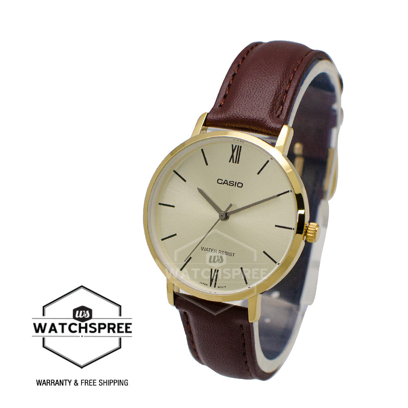 Casio Ladies' Analog Dark Brown Leather Strap Watch LTPVT01GL-9B LTP-VT01GL-9B