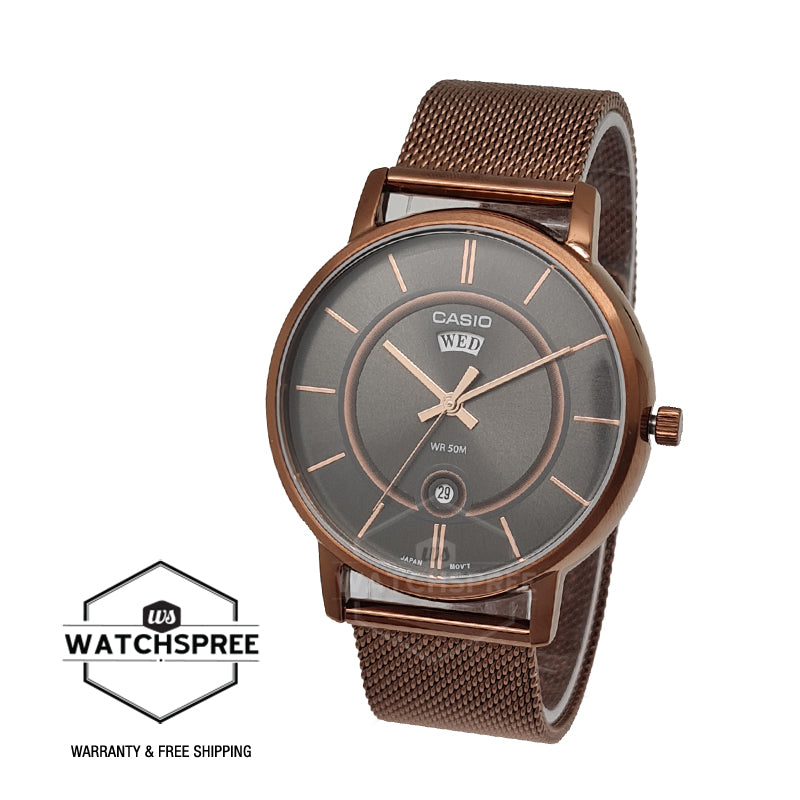 Casio Men's Analog Rose Gold Ion Plated Stainless Steel Mesh Band Watch MTPB120MR-8A MTP-B120MR-8A