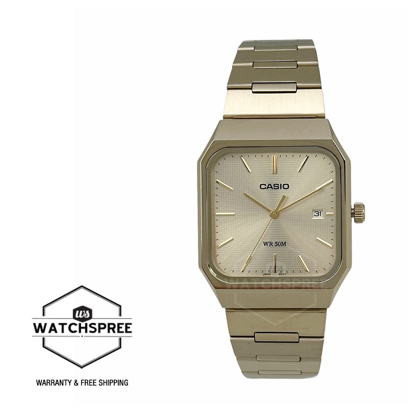 Casio Men's Analog Square Dial Gold Ion Plated Stainless Steel Band Watch MTPB185G-9A MTP-B185G-9A