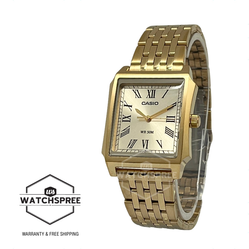 Casio Men's Analog Square Dial Gold Ion Plated Stainless Steel Band Watch MTPB190G-9B MTP-B190G-9B