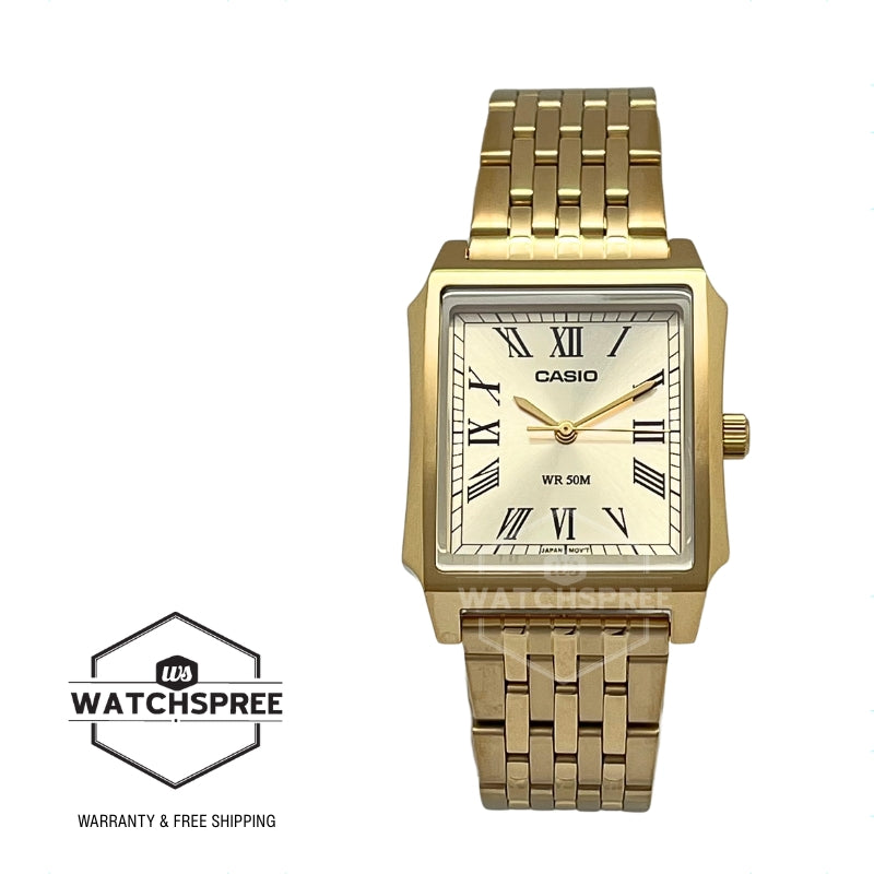Casio Men's Analog Square Dial Gold Ion Plated Stainless Steel Band Watch MTPB190G-9B MTP-B190G-9B