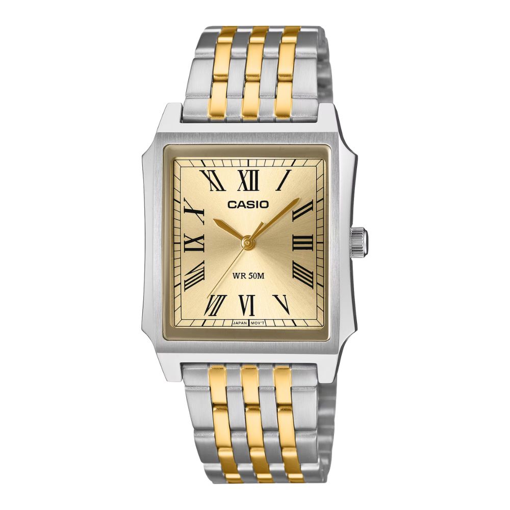 Casio Men's Analog Square Dial Two-Tone Gold Ion Plated Stainless Steel Band Watch MTPB190SG-9B MTP-B190SG-9B